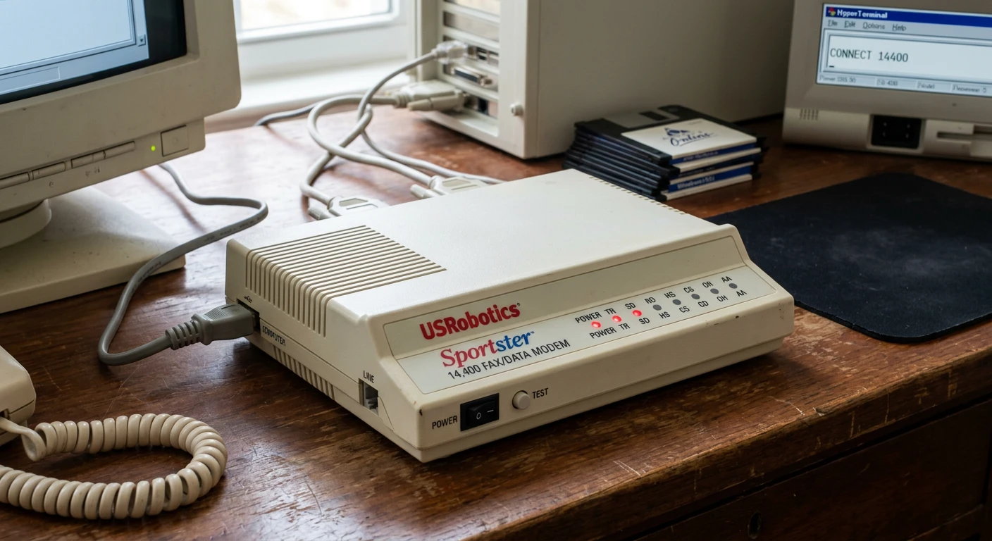 Een US Robotics Sportster-modem uit de jaren negentig op een bureau, naast een oude computer