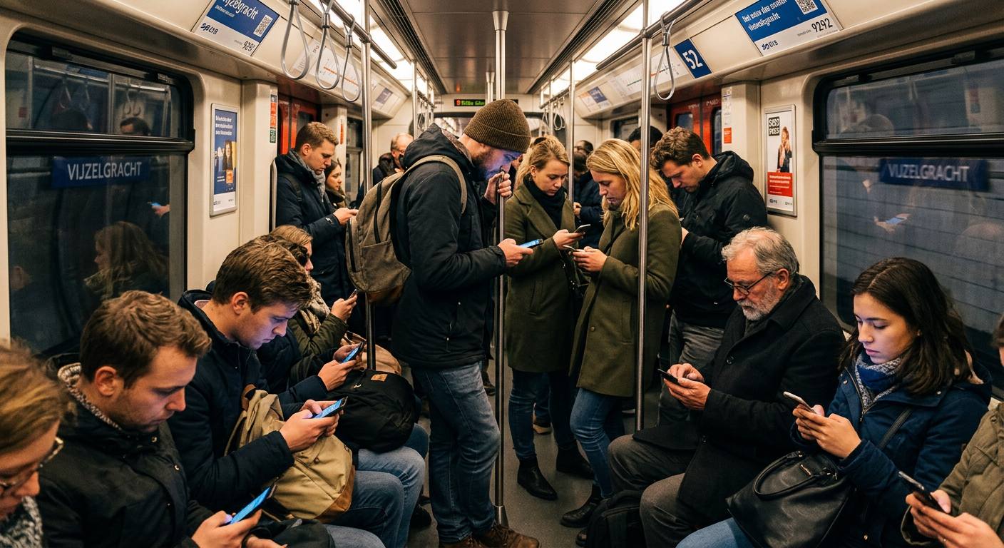 Mensen in de metro, allemaal op hun telefoon